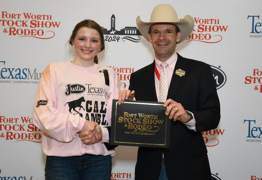 Ellie Walters won a $500 purchase certificate toward a heifer for a 4-H or FFA project for exhibition at next year’s Fort Worth Stock Show & Rodeo. The certificate, presented by Stock Show Calf Scramble Committee Chairman, Paxton Motheral, was sponsored by Kristen and Jonathan Deweese.