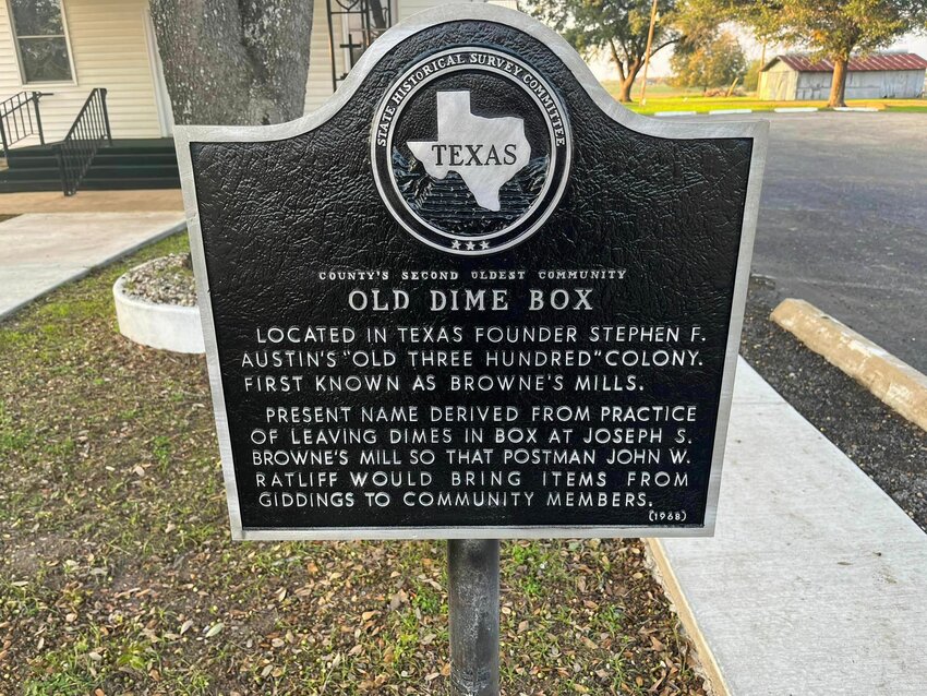 A historical marker in front of Dime Box Trinity Lutheran Church indicates the town was one of Stephen F. Austin's early settlements.