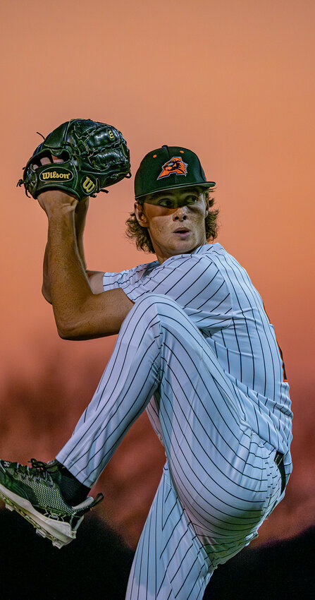 Devin Miller winds and fires during a home game for the Bearcats earlier this season. Miller pitched four shutout innings against South Hills in Game 2 of the Bi-District Championship game on Friday, May 3.