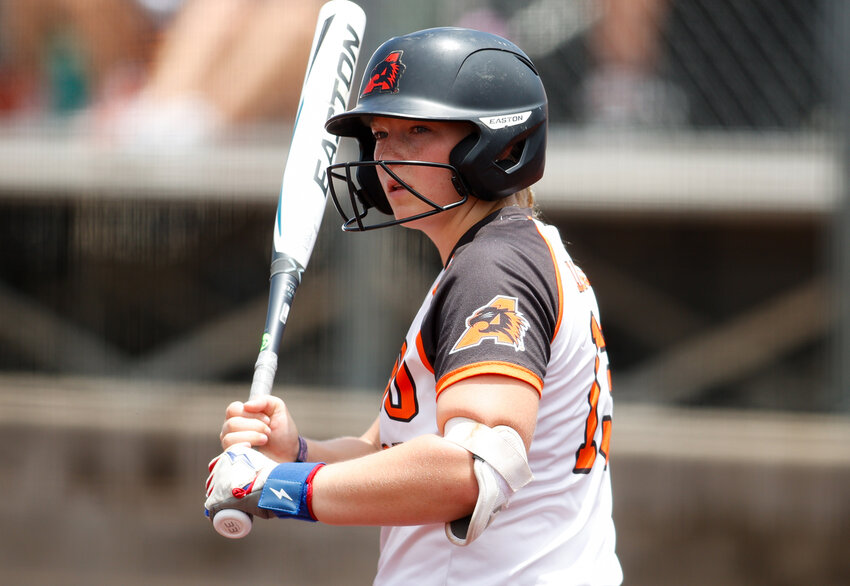 Aledo sophomore Delaney Rosser (13) at bat during the Class 5A state softball semifinal between Aledo and Harlingen South, on May 31, 2024 in Georgetown. Harlingen South won, 1-0.