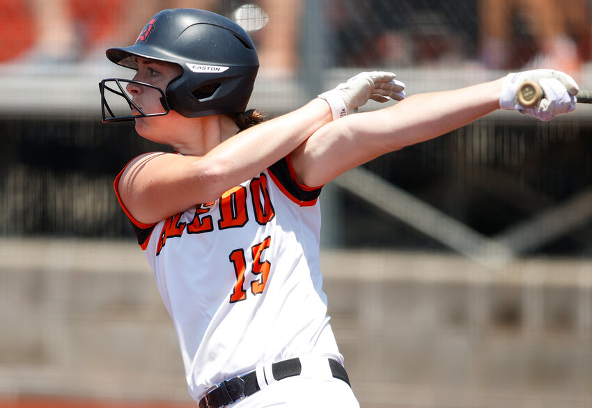 Aledo senior Kennis Marx (15) at bat during the Class 5A state softball semifinal between Aledo and Harlingen South, on May 31, 2024 in Georgetown. Harlingen South won, 1-0.