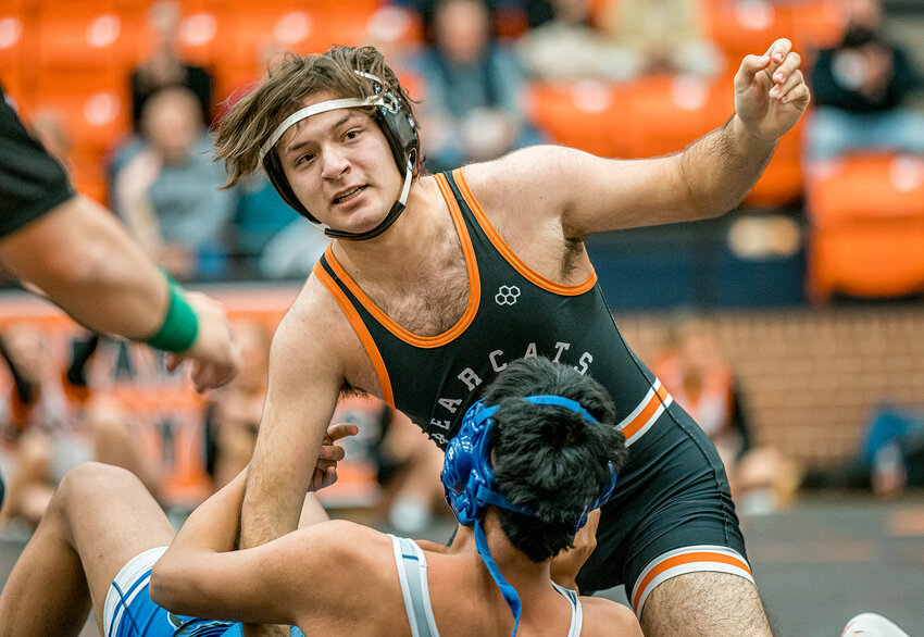 Senior Sebastian Barbarena (190 lbs) reacts after winning his match by pinfall, cementing the Aledo win for the dual over Brewer on Wednesday, Jan. 22.