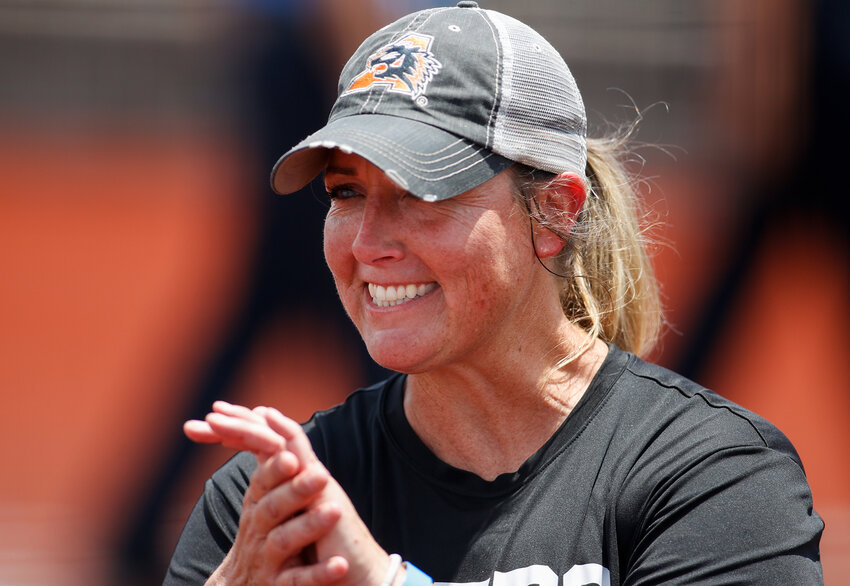 Aledo head coach Heather Myers during the Class 5A state softball semifinal between Aledo and Harlingen South, on May 31, 2024 in Georgetown.
