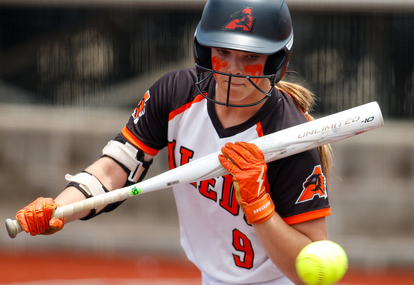 Addie Perry (9) at bat during the Class 5A state softball semifinal.