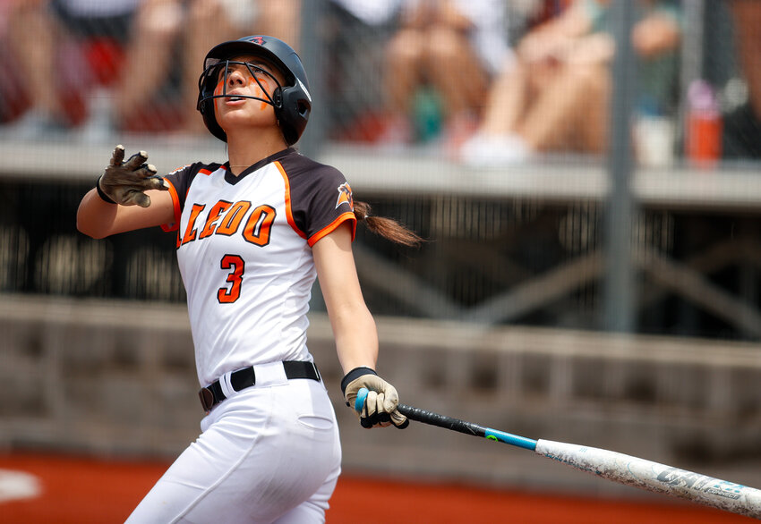 Marina Taveras (3) watches a foul ball during the Class 5A state softball semifinal.