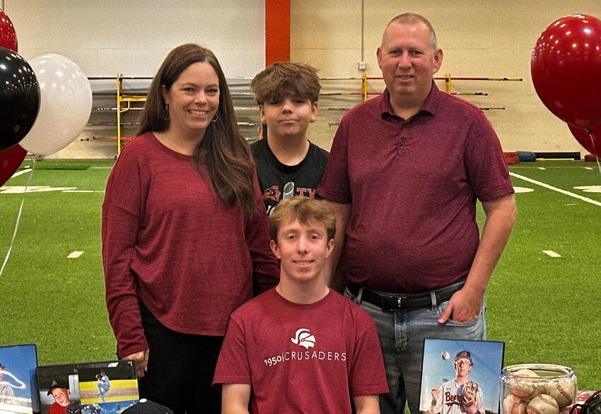 Braden Montgomery will play baseball at Dallas Christian College. He is shown with Kelley, Lori, and Brycen.