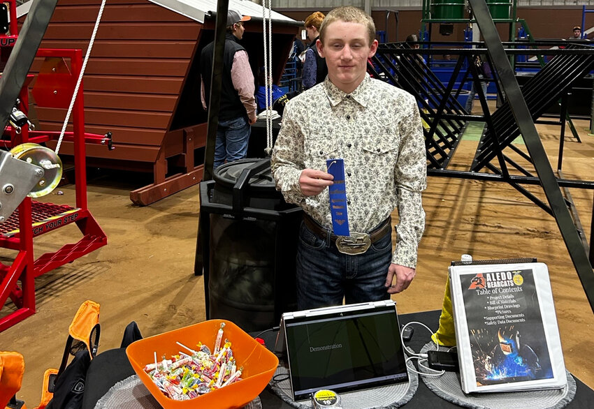 Gabriel Opsahl won a blue ribbon for his deer feeder.