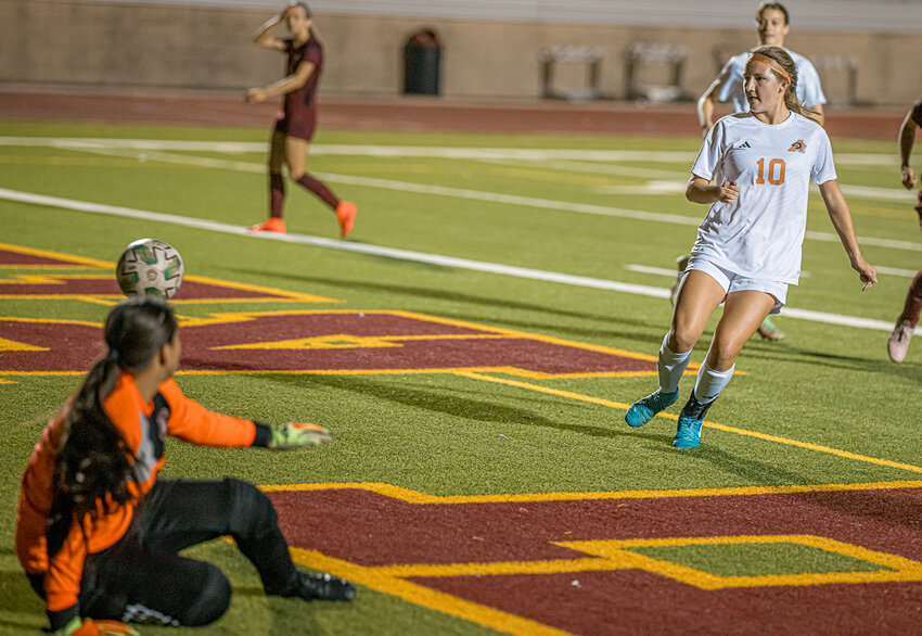 Baylee Velarde scores her second goal of the night with the Saginaw keeper out of position as the Ladycats cruise to a 9-0 victory on Friday, Feb. 28.