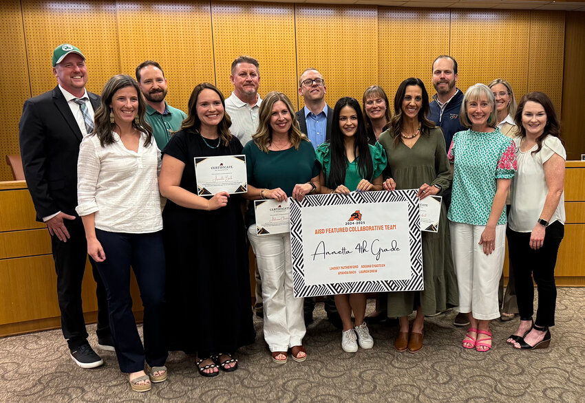 The featured collaborative team of fourth-grade teachers from Annetta Elementary School - Lindsey Rutherford, Adeana Chasteen, Amanada Bach, and Lauren Dre are shown with Aledo School Board members.