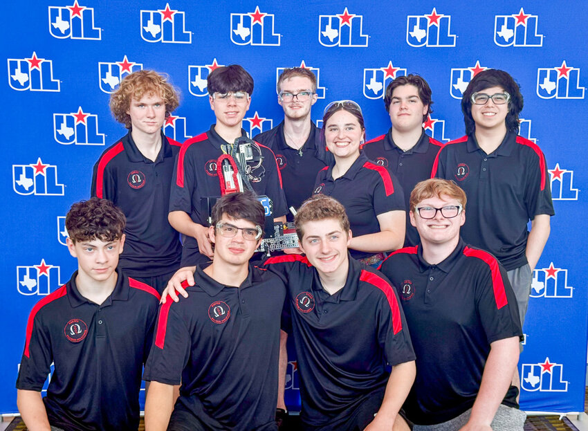 The AHS Maximum Resistance robotics team members at state competition are, front, Cameron Robbins, Landon McNeil, Ryan Hajj, and Jake Fergus, and back, Jackson Hamner, Ben McCain, Cooper Simpson, Finley Van Dyk, Brayden Richardson, and Omar Cervantes.