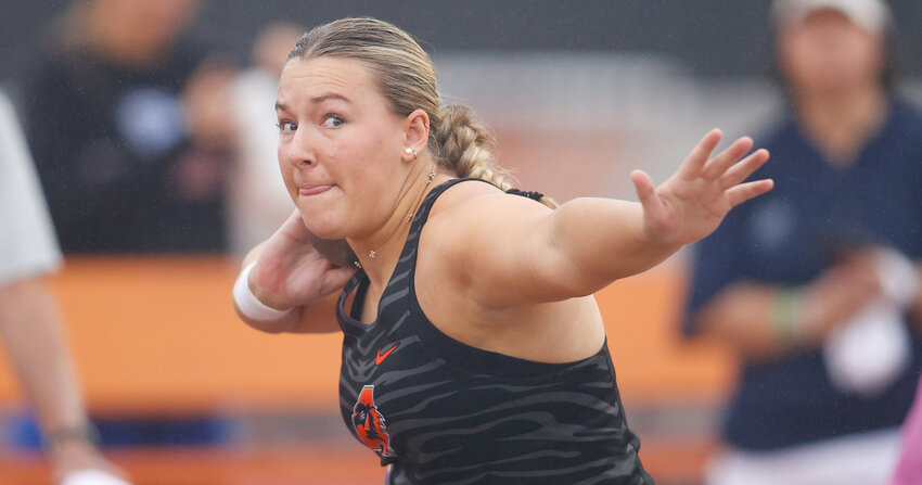 Lauren St. Peters of Aledo (1007) competes in the Class 5A girls shot put event at the UIL State Track and Field Meet on Friday, May 3, 2024 in Austin.