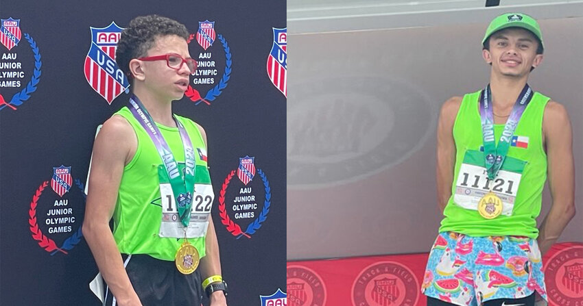 Josh Fink (left) successfully defended his national champion in the Boys 13-14 3,000-meter race/walk at the Amateur Athletic Union Junior Olympics, while Jack Fink won the 3,000-meter run in the Boys 17-18 age group. They are the first brothers to win a national championship in the same season for Mach I Track Club.