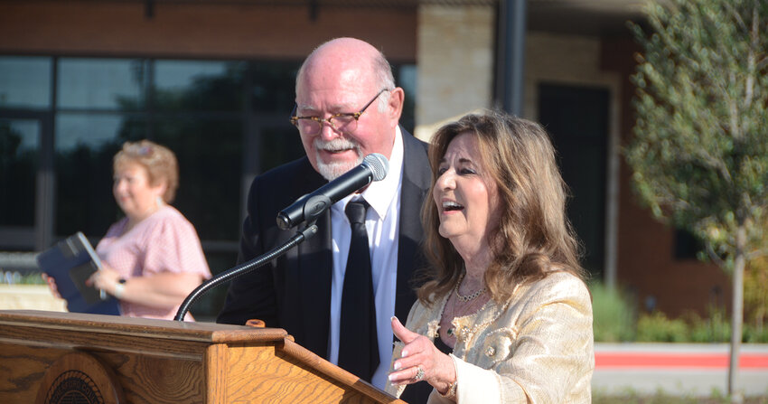 Jerry and Vickie Durant welcome visitors at the grand opening of Durant Hall Aug. 7. The Durants were major financial supporters for the new dorm complex. The family also helped fund the fine arts auditorium at Weatherford High School, which also bears their name.