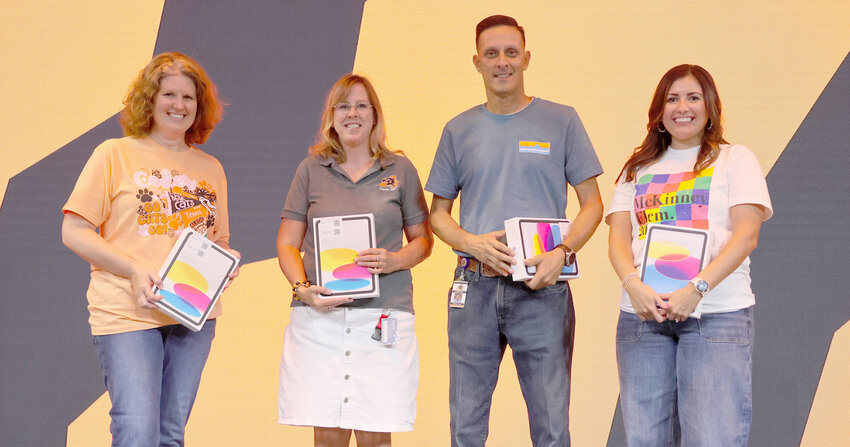 2023-2024 Aledo ISD Circle of Greatness Overall winners were surprised at the district’s Welcome Back Rally on Friday, Aug. 9. Pictured are (from left) Erica Gantt, Jennifer Lehman, Anthony Lopez and Bianca Martinez.