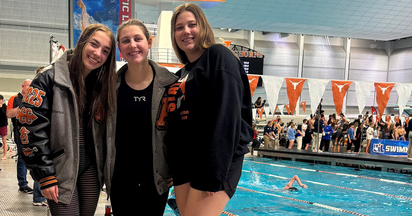 Aledo senior swimmers (from left) Victoria Crews, Haley Roberson, and Avery Faulkner were regulars at state in their high school years, with Crews and Roberson each reaching four times and Faulkner reaching three.