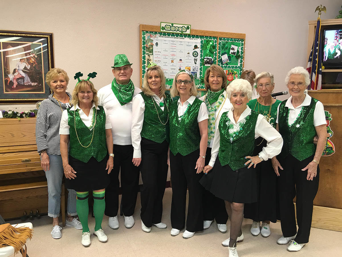 The Klassey Kloggers  performed at the White Settlement Senior Center for a Saint Patrick's Day party. Shown are (from left) Pauline Burnett of White Settlement, Shirley Anderson (instructer) of Breckenridge, States Nelson of Fort Worth, Jewelletta Stovall of Weatherford, Marilyn Phillip of Weatherford, Susie Severson of Weatherford, Carolyn Simmons of Aledo, Jean Fox of Whitle Settlement  and Cita Honeycutt of Springtown.