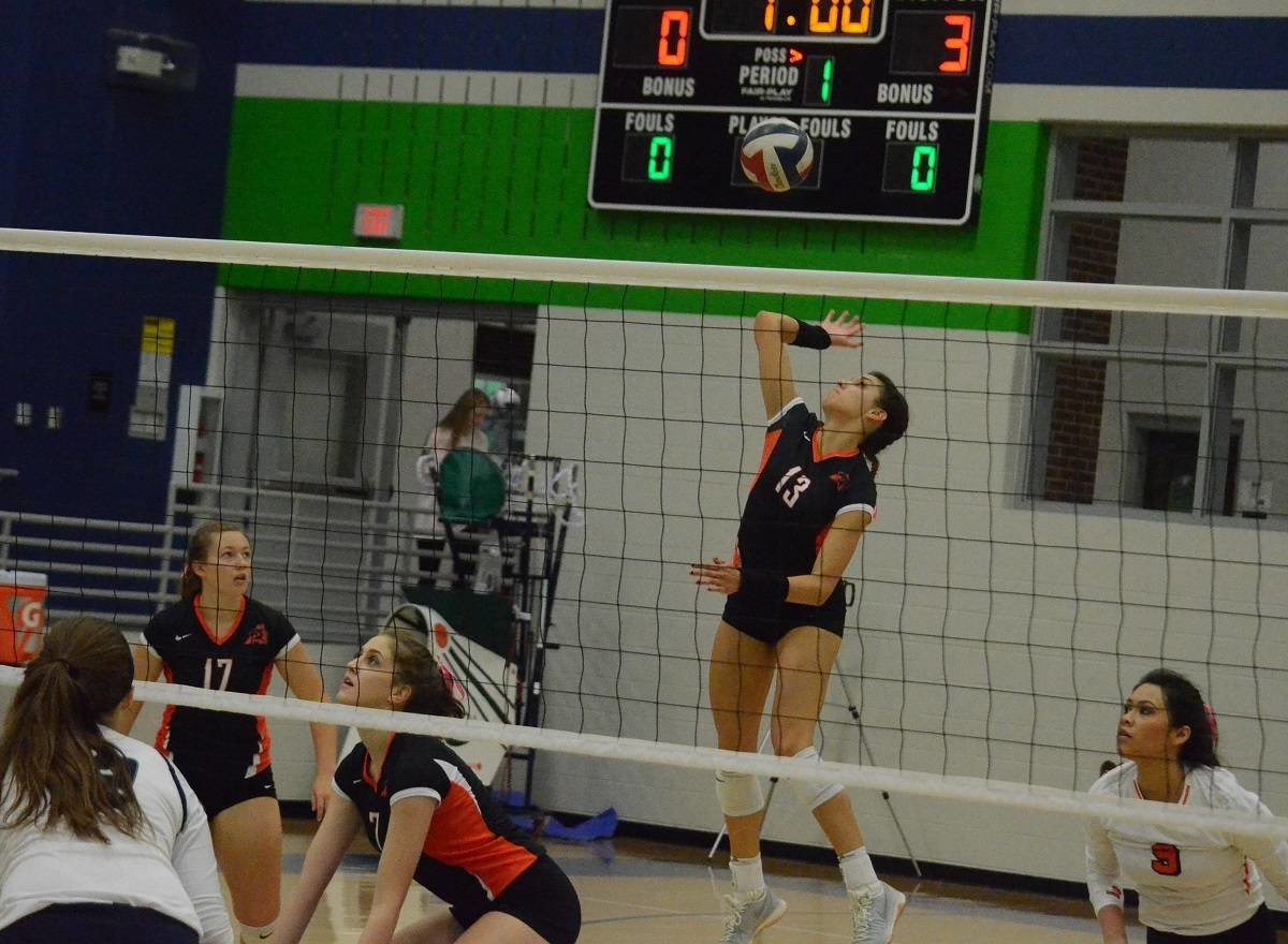 Aledo senior hitter Maddie Goings (13) elevates before sending down a kill in a recent match. The Ladycats will open the Class 5A playoffs against Denison. The first serve will be at 7 p.m. today at Denton High School.