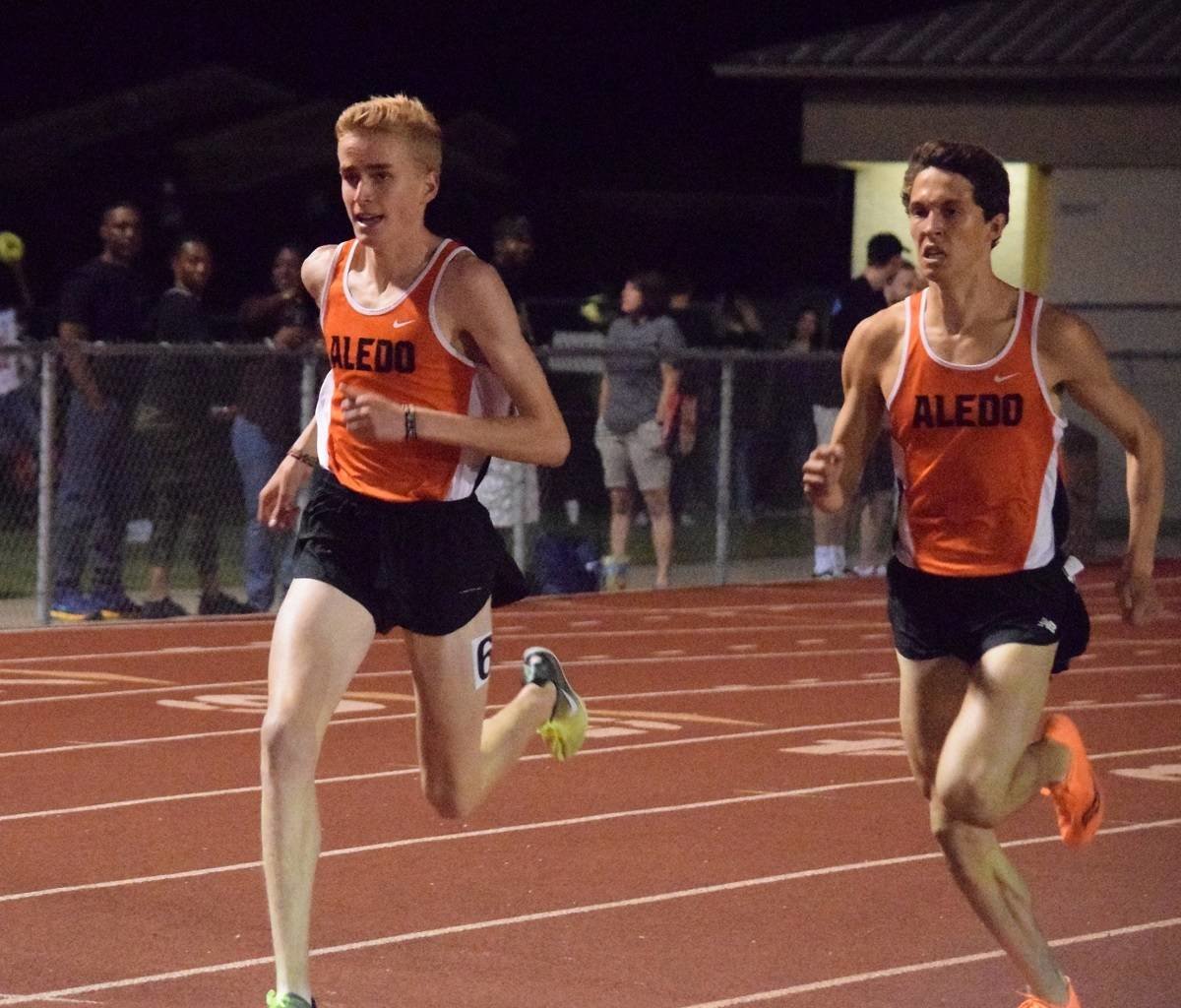 Aledo freshman Graydon Morris (left) and Harrison Tillman, shown in the 1,600-meter run at the area track meet, each qualified for the regional meet in the 3,200- and 1,600-meter runs. Morris won both races, and Tillman finished second in both events. Photo by Tony Eierdam