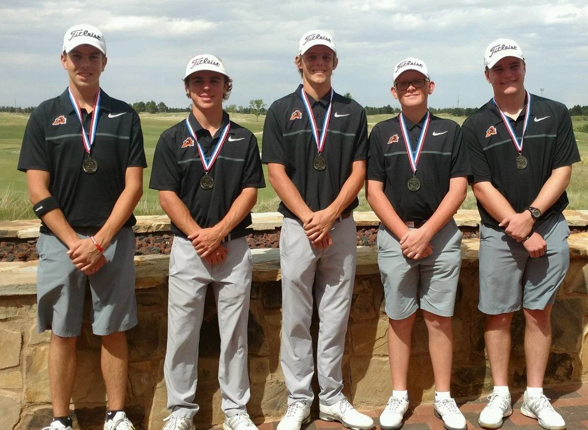 The Aledo Bearcats golf team qualified for the Class 5A state golf tournament after finishing in second place today at the Region I tournament in Lubbock. Shown (from left) are Ben Huxtable, Parker Scaling, Austin Griffith, Evan Pennington and Andrew Lane.