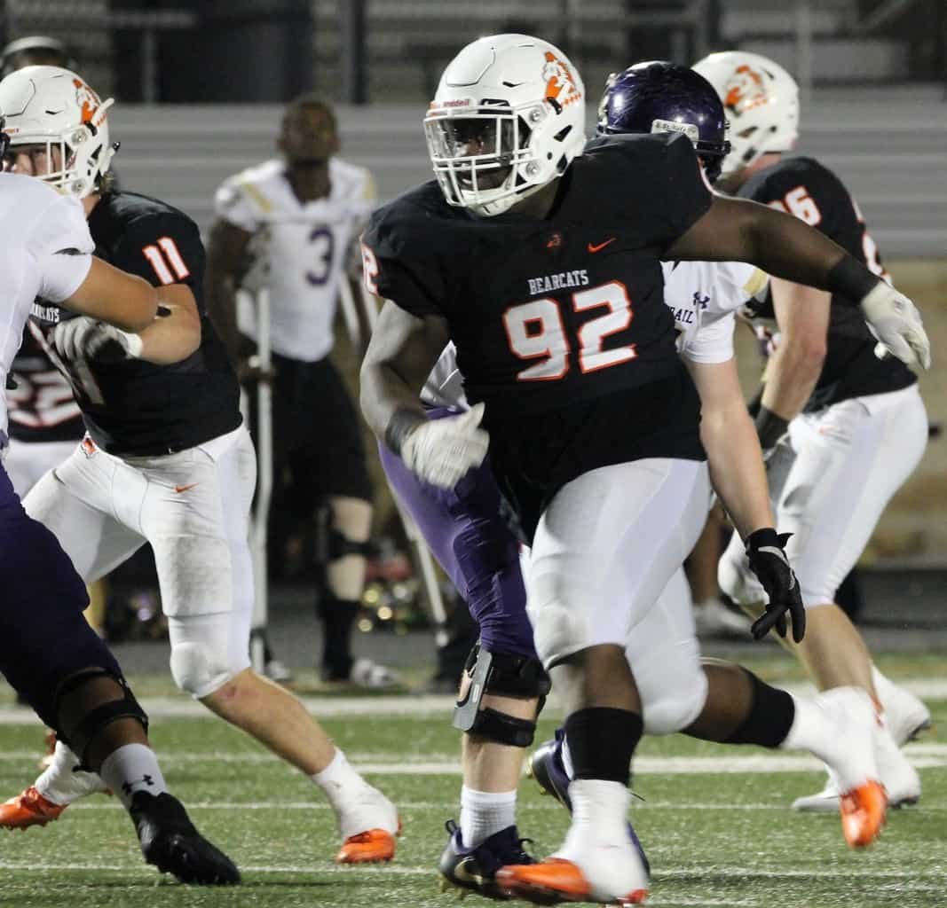 Aledo defensive tackle James Williams (92) is part of an Aledo defense that has been stingy in 2017. The Bearcats will continue District 6-5A play at 7 p.m. today at Saginaw. Photo by Karen Towery