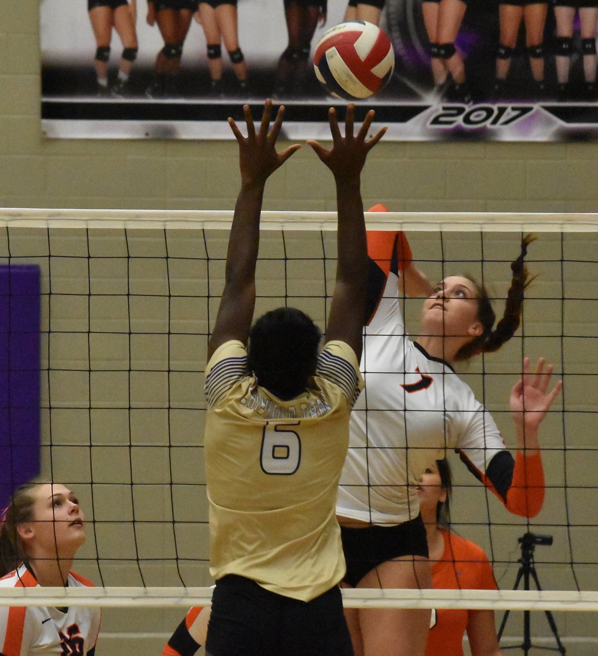 Aledo senior middle Sarah Haeussler sends down one of her match-high 14 kills Tuesday night during the Ladycats' sweep of Chisholm Trail. Photos by Tony Eierdam