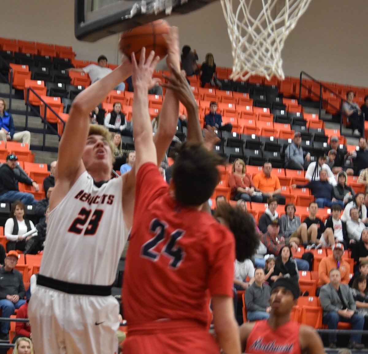 Aledo post Ayden Smith (23) goes up strong to the basket Tuesday night during the Bearcats' 52-46 loss to No. 3 Northwest. Smith led the Bearcats with 16 points. Photos by Tony Eierdam