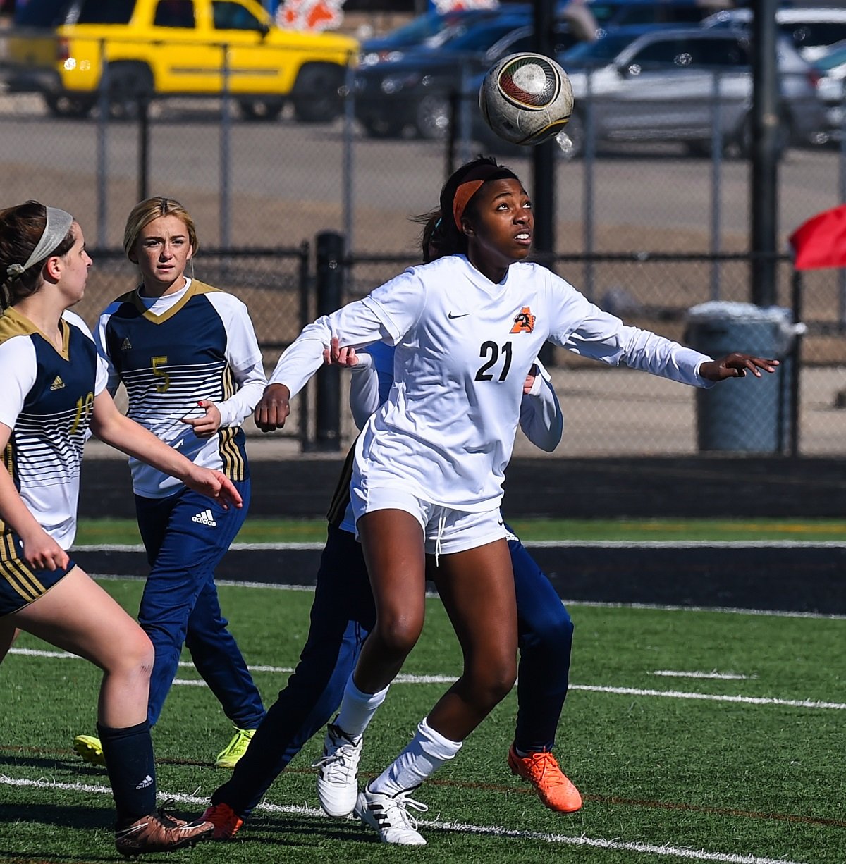 Aledo senior forward Ashley Ray, shown executing a header today against Little Elm, scored both goals in the Ladycats' 2-0 win over the Lobos at Bearcat Stadium. Photo by Howard Hurd
