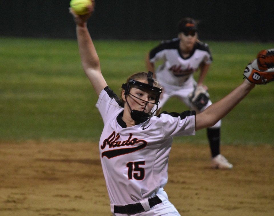 Aledo pitcher Kayleigh Smith fires a pitch in the second inning Tuesday night during the Ladycats' loss at home to Eaton. Photo by Tony Eierdam