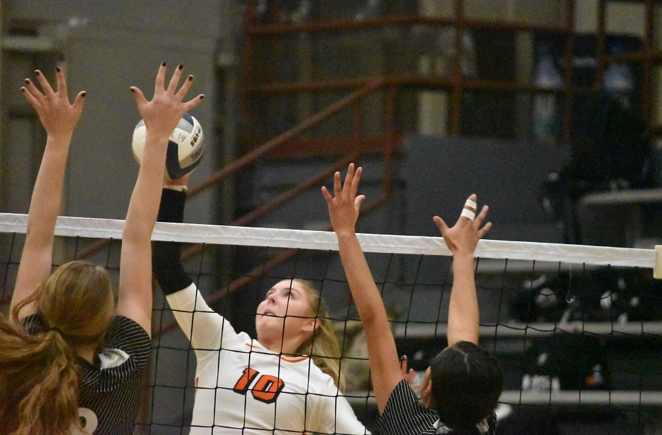 Aledo senior hitter Alex Grooms sends down a kill during the Ladycats’ loss to Canyon Randall Tuesday night in a Class 5A regional quarterfinal match at Vernon High School. Photo by Tony Eierdam