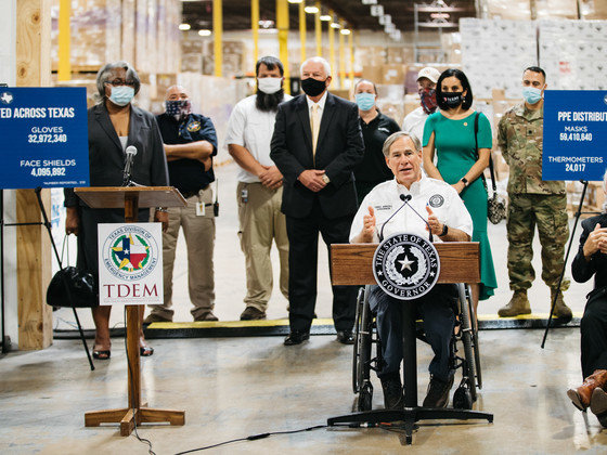 Texas Gov. Greg Abbott is shown at the Texas Division of Emergency Management's warehouse in San Antonio on Aug. 4. Photo courtesy of the Office of the Governor.