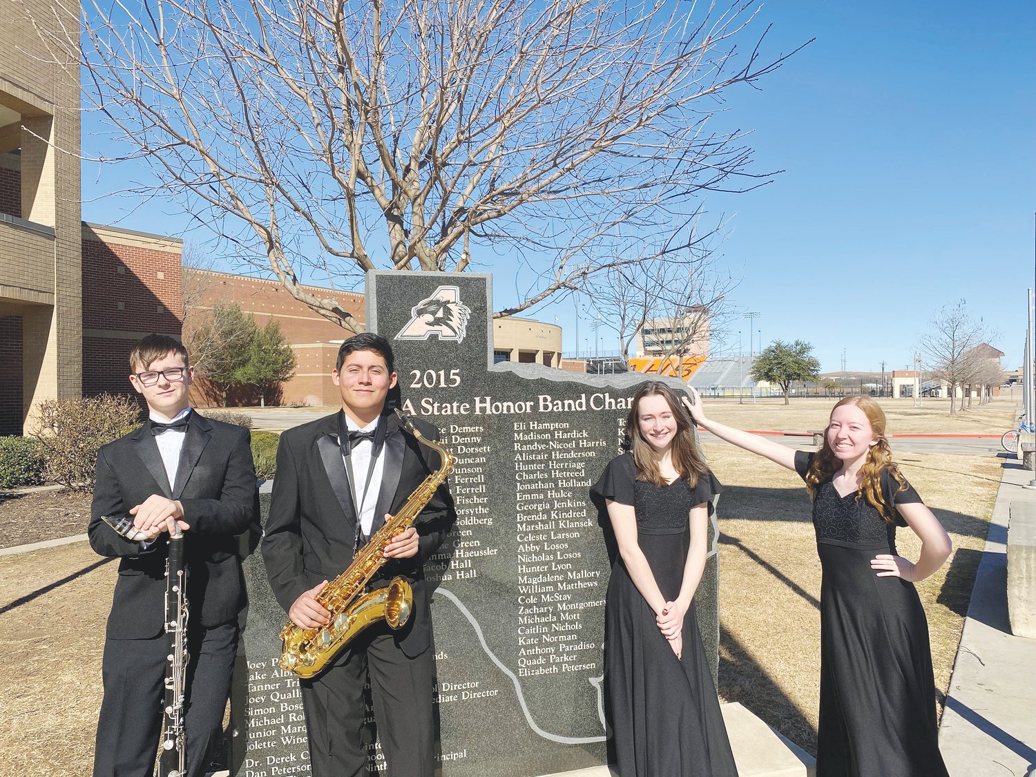 Aledo High School (from left) All-State Band members Nolan Golden and Jerry Olazaran and AllState Choir members Ariana Schmitt and Elizabeth Miller will perform with the Texas All-State Mixed Choir and Bands in San Antonio on Feb. 12.