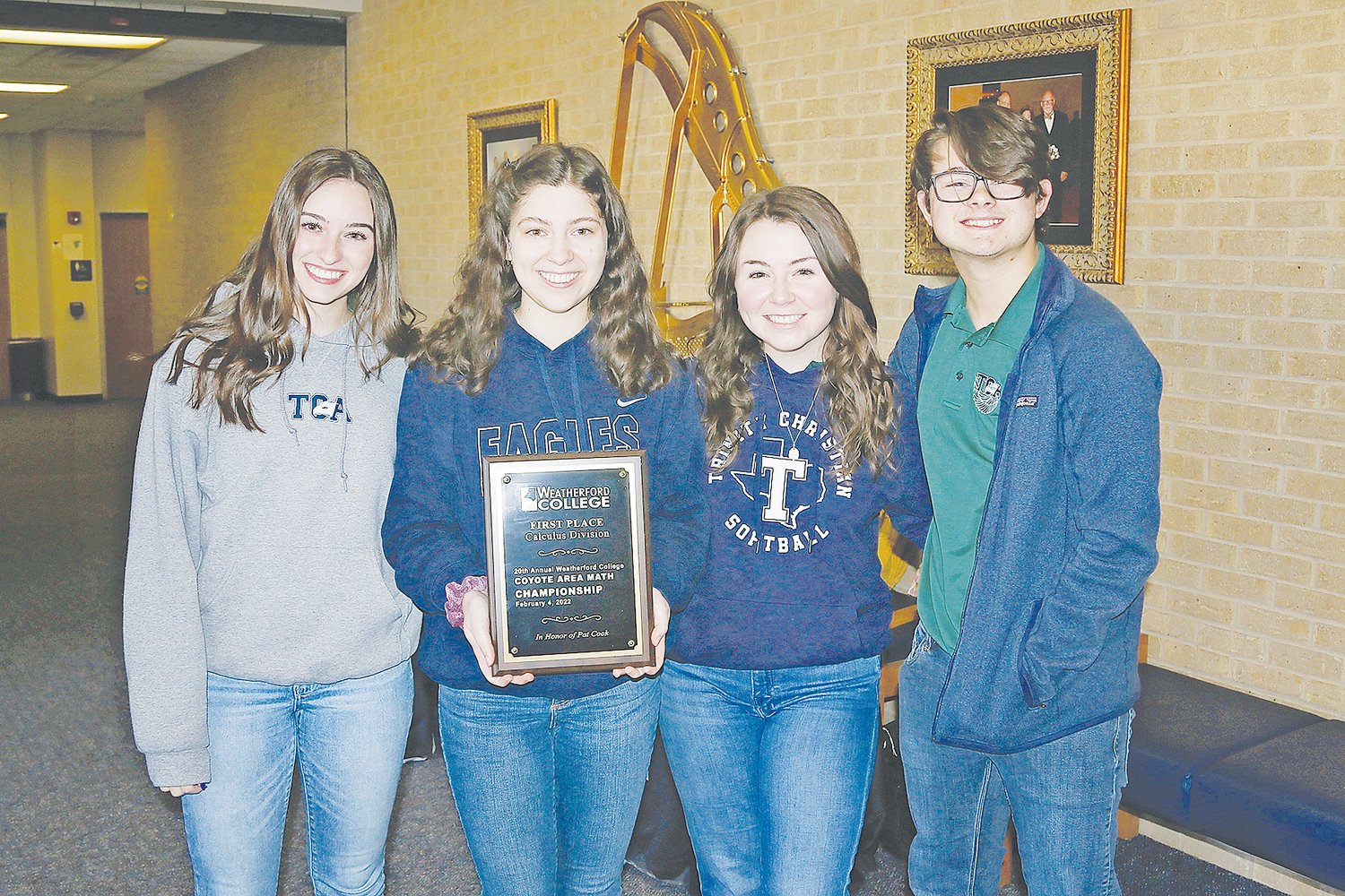 Trinity Christian Academy students Katherine White, Charlotte Floyd, Paige Bull, and Steven Lipsky placed first in calculus as a team at the Coyote Math Championships at Weatherford College. White and Floyd placed first and second respectively as individuals.