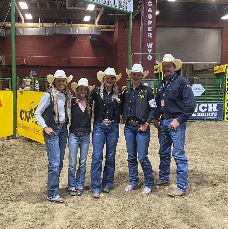 The Weatherford College championship rodeo team: Brie Wells, Kristin Reaves, Kodey Hoss, and Bradi Good along with coach Johnny Emmons