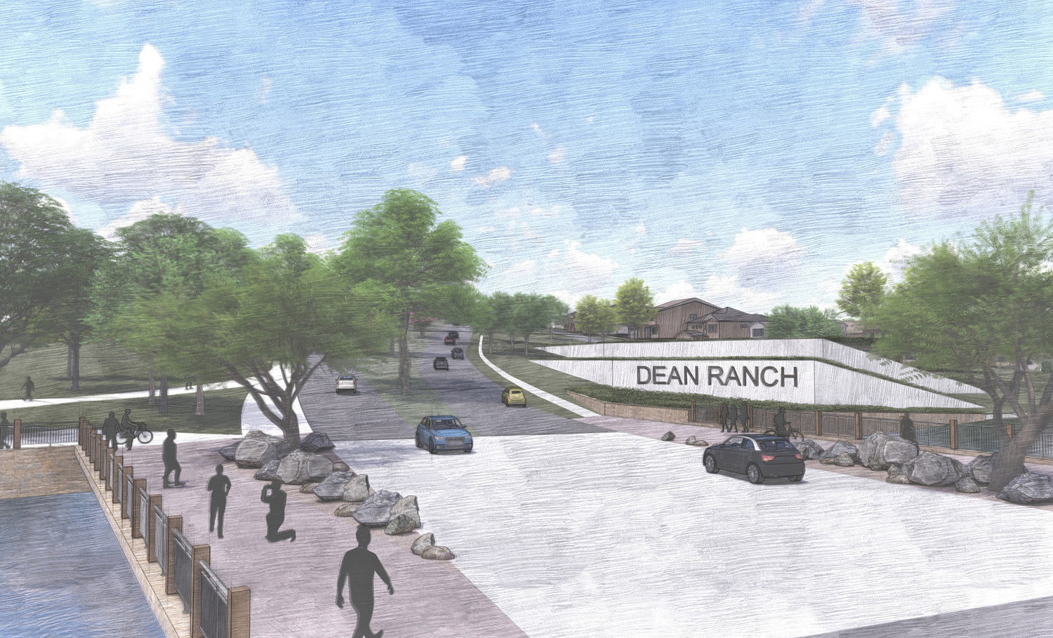 This conceptual plan shows a water feature at the entrance to the Dean Ranch on the east side of FM 1187 at Bailey Ranch Road.