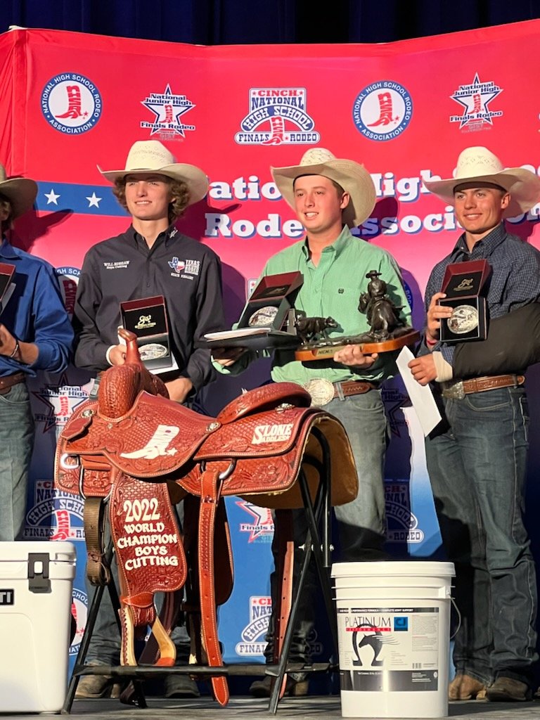 Will Bushaw of Peaster (left) finished second in boys cutting at the National High School Finals Rodeo in Gillette, Wyoming last week. Also shown are first place winner Cody Gann of Leighton, Alabama (center) and third-place winner Billy DeLong of Winnemucca, Nevada.