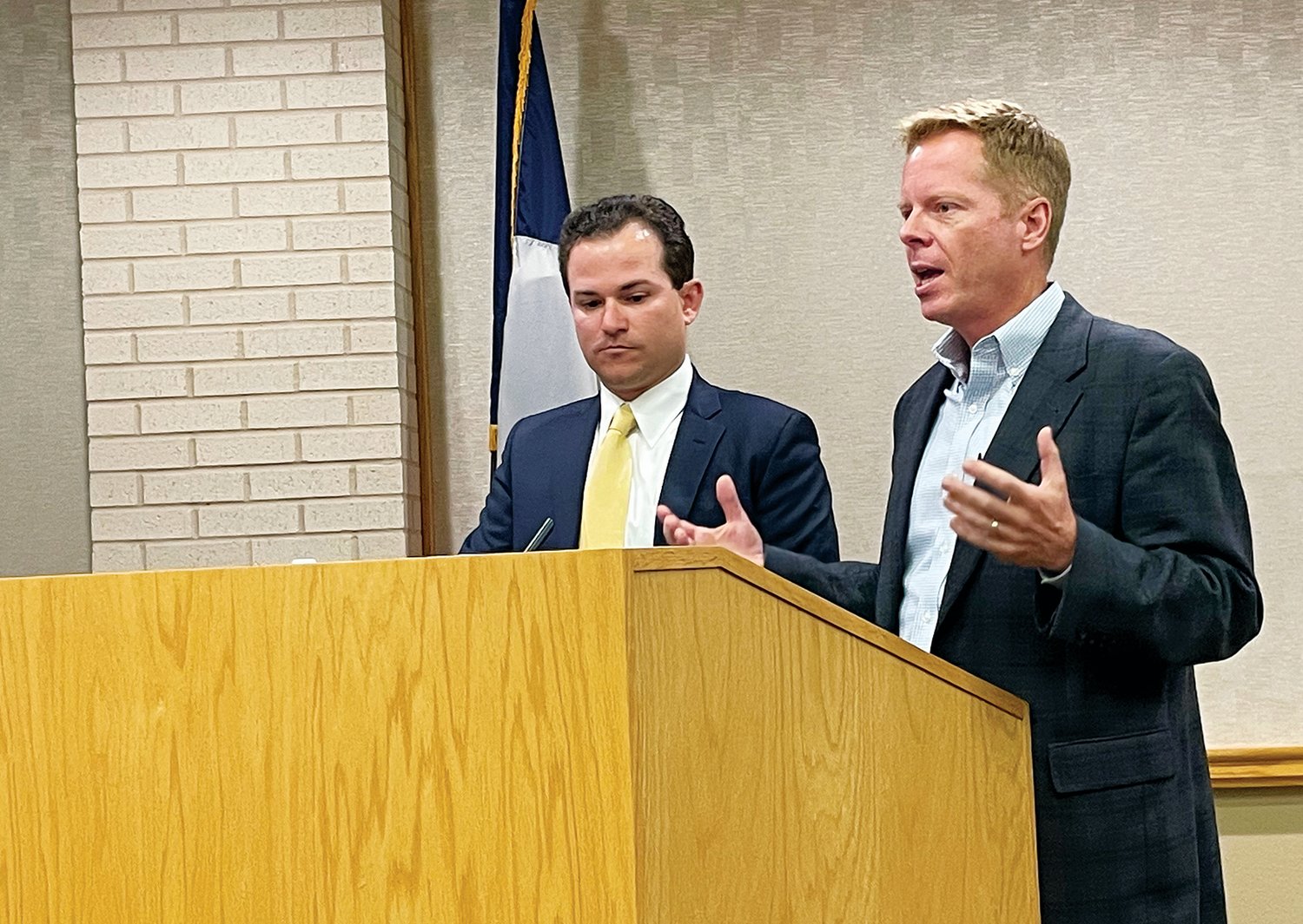 David MacNamara (left) and Ulrich Schmidt urged the school board to consider the application for "Project Redeemer," a possible $3.7 billion project that lies partially within the school district.