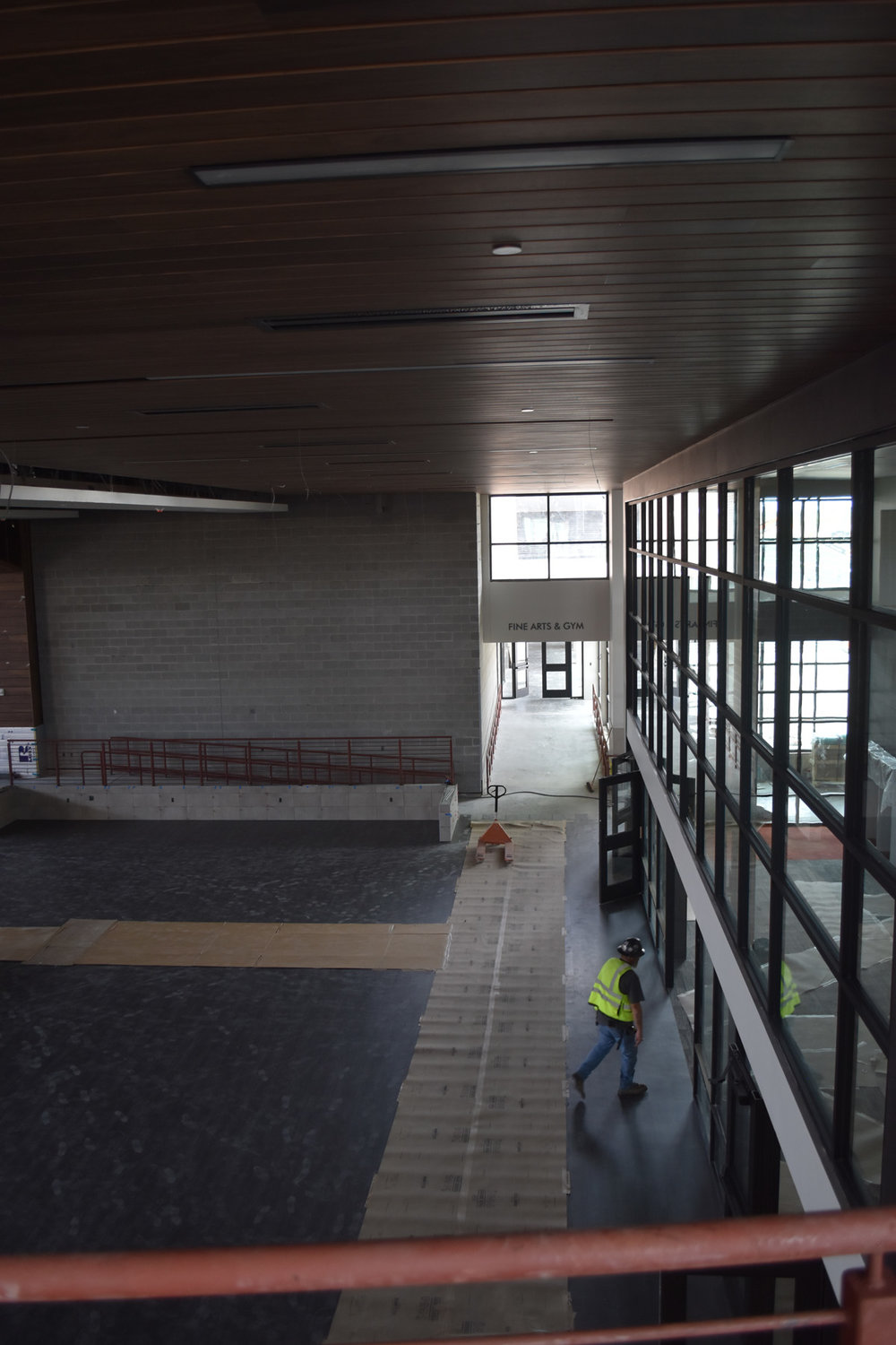 Looking down into the cafeteria and entrance to the athletic area