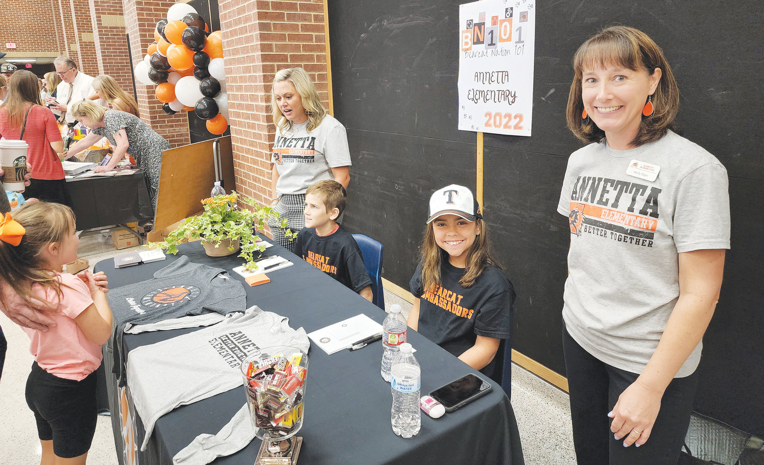 Annetta Elementary School (standing, from left) Principals Alyssa Seay and Holly Elgin, (sitting) Lincoln Sloan and Estella Garcia