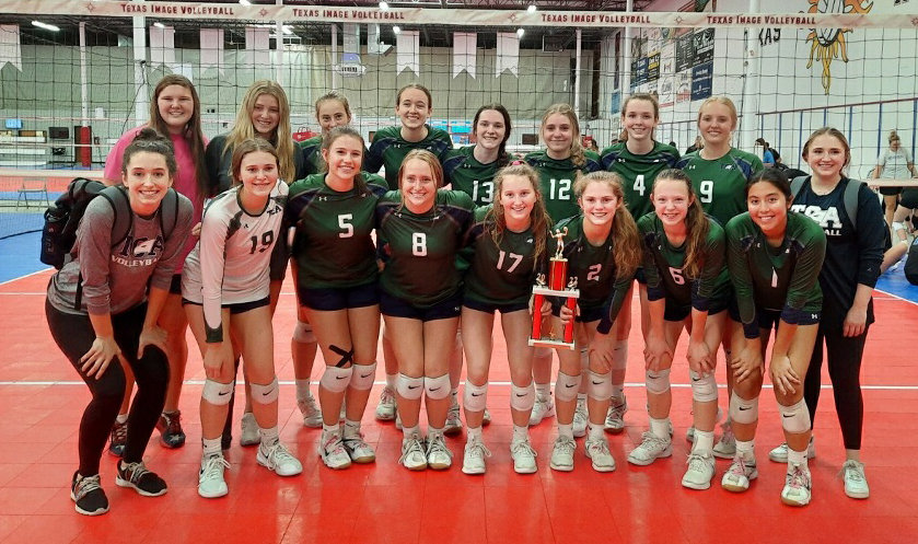 The Trinity Christian Academy Lady Eagles won the Silver Bracket in the Fort Worth Christian PIT Tournament. Pictured are (front row, from left) assistant varsity coach Anabel Kruse, Caroline Thompson, Rio Lipsky, Meredith Miller, Olivia Quinn, Sadie Gough, Emily Ickert, and Bella Sigala and (back row) manager Avery Tiwater, Faith Rodgers, Meghan Young, Maddie Bayles, Margaret Cowley, Giuliana Marcantonio, Faith Brooks, Gracie Barry, and assistant coach Brianna Ludwig. Not pictured is varsity coach Jessica Sims.