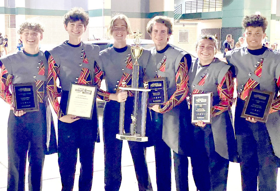 The Bearcat Regiment Percussion Ensemble won first place and all captions awards at the 2022 HEB Drumline Contest on Sept.17. Drumline leaders are (left to right)  Gavin Haddox, William Trager, Corbin Moses, Marshall Anderson, Georgia McQuade, and Tyler Paul. Directors are Scott Stephens and Tyler Wales.