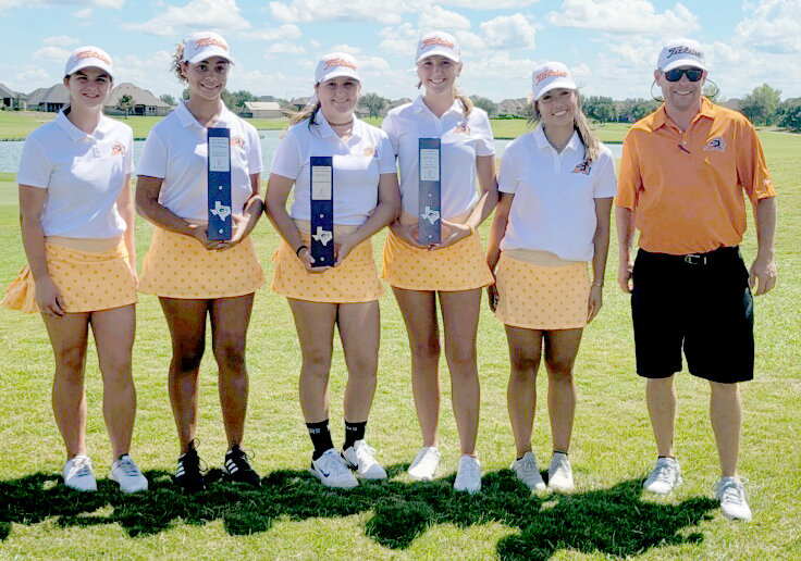 The Aledo varsity girls golf team composed of (from left) Emily Crick (Fr), Sana’a Lemen (Sr), Madi Warner (Sr), Mallory Miller (Sr), and Kyla Morales (JR)  won the Lady Pirates classic at Harbor Lakes in Granbury with Lemen placing second individually and Miller third.