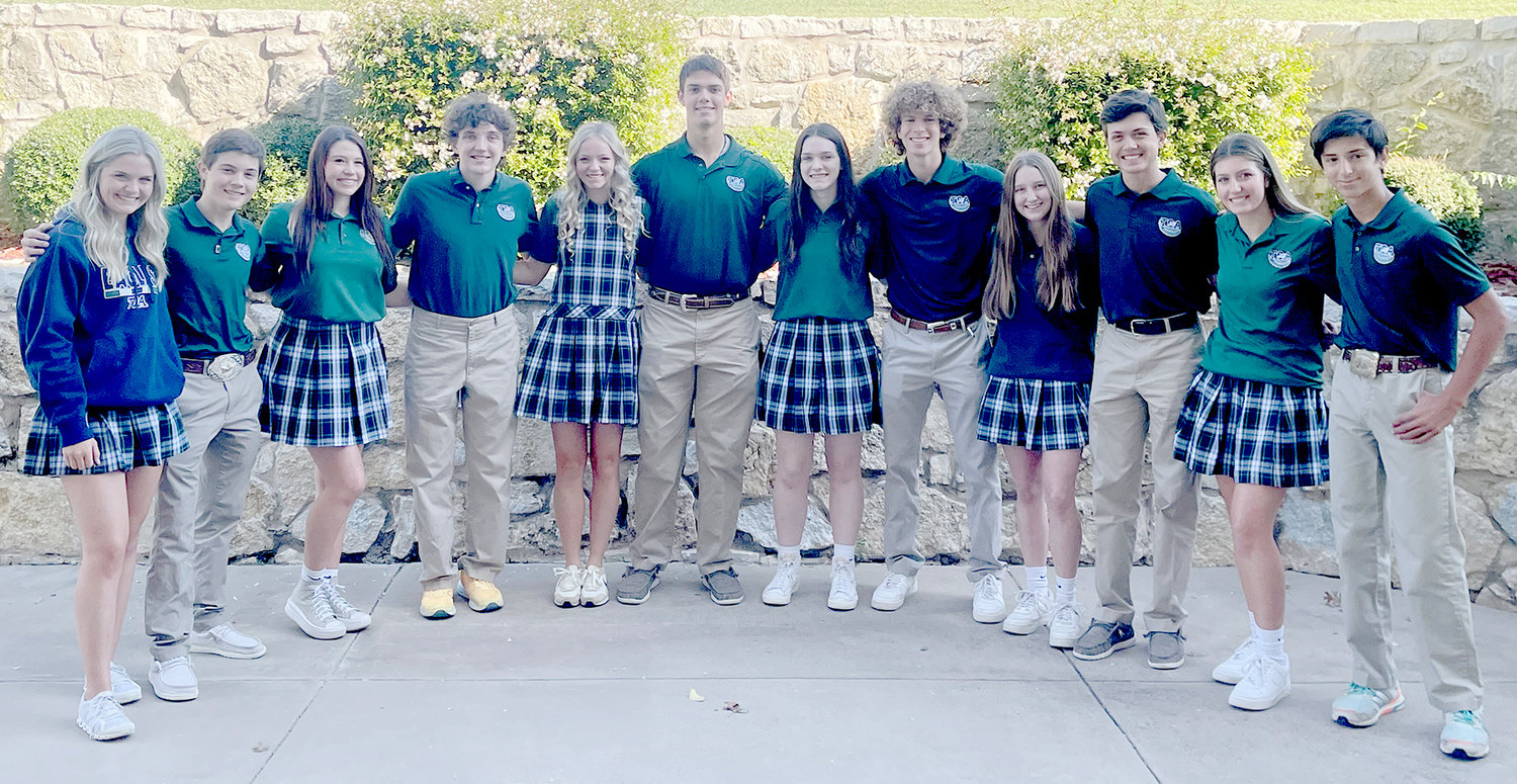 Trinity Christian Academy will play its first true Homecoming Football Game at 7:30 p.m. Friday, Oct. 7, against Lake Country Christian School. TCA homecoming court nominees are (left to right) juniors Elle Smith and Walker Merrill; seniors Rio Lipsky, Shane Houston, Libby Tovar, Ben Camp, Margaret Cowley, and Seth Roetman; sophomores Olivia Quinn and Ryan Leet; and freshmen Ava Luecker and Christian Valdez. TCA High School students voted for Mr. and Miss TCA on Tuesday, Sept. 27.
