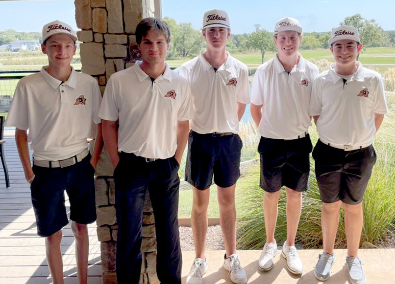 The Aledo Orange golf team (from left) Dylan Kiser, Hudson Knox, Helton Mosiello, Ethan Elmore, and Bradon Stokes placed third at Flower Mound Marcus.