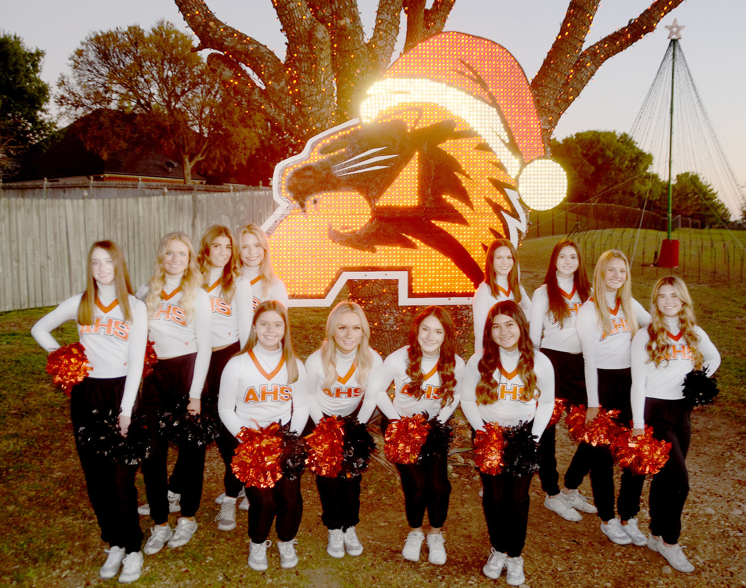 Aledo High School cheerleaders are geared up for both the football playoffs and the holiday season. Shown are (front row, from left) Taylor Prestage, Ella Stuart, Rachel Taylor, and Alexa Saenz and (back row) Ava Schmitz, McKenna Weatherley, Avery Mulkey, Ruthie Pulliam, Taylor Parsons, Chloe Wilson, Daniella Tregellas, and Lilly Wilson.
