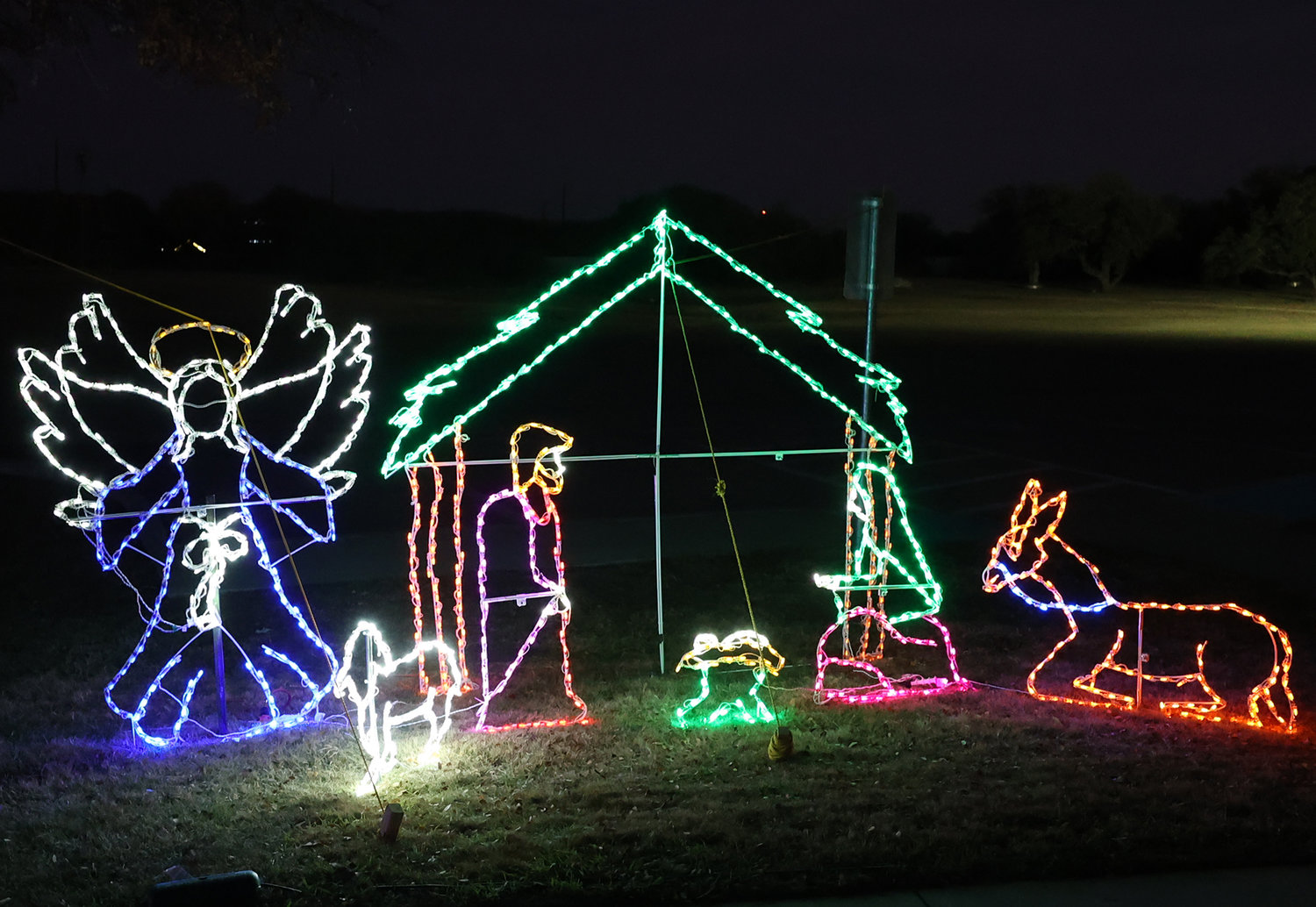 Leghts depict a manger scene.