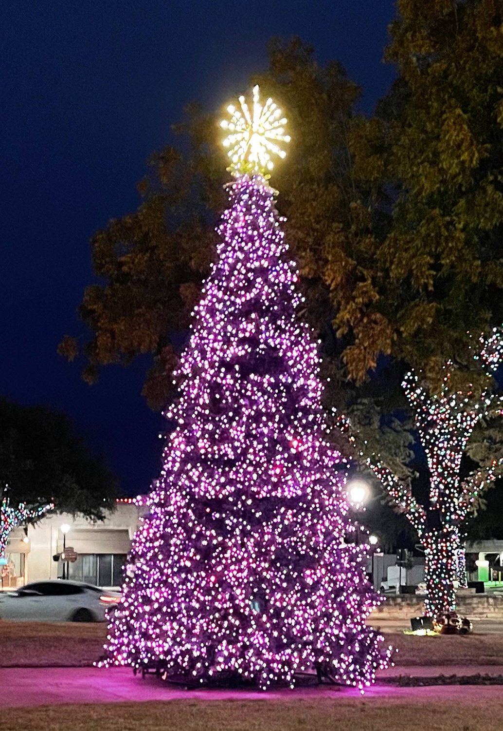 The Parker County Christmas Tree lights were turned pink to support the family of Athena Strand.