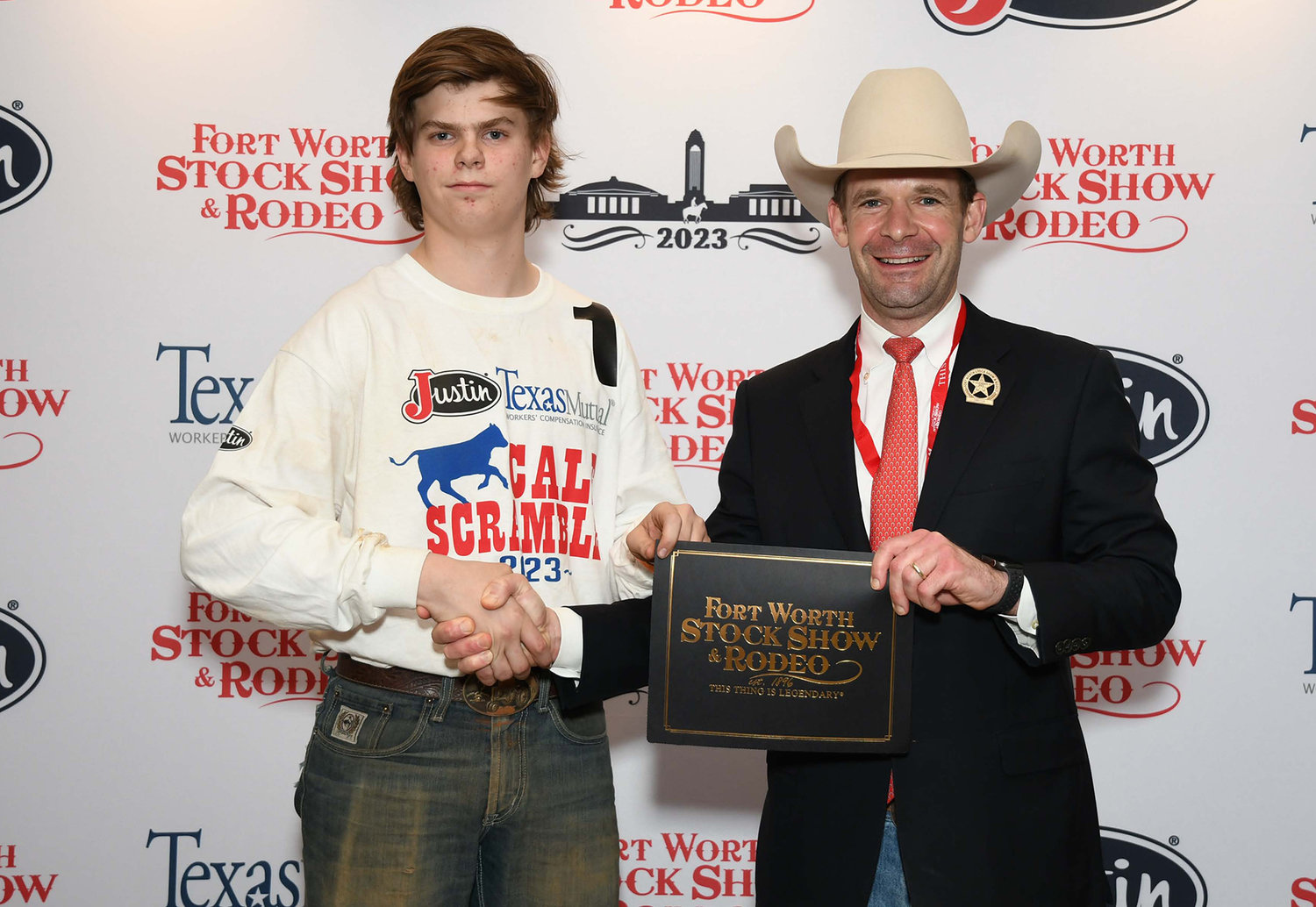 Samuel Hardwick won a $500 purchase certificate toward a beef or dairy heifer for a 4-H or FFA project for exhibition at next year’s Fort Worth Stock Show & Rodeo. The certificate, presented by Stock Show Calf Scramble Committee member, Paxton Motheral, was sponsored by River Ranch.