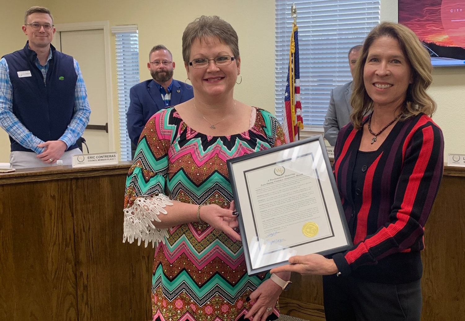 Carol Sutton of Freedom House (left) was presented with a proclamation by Willow Park Mayor Pro Tem Lea Young.