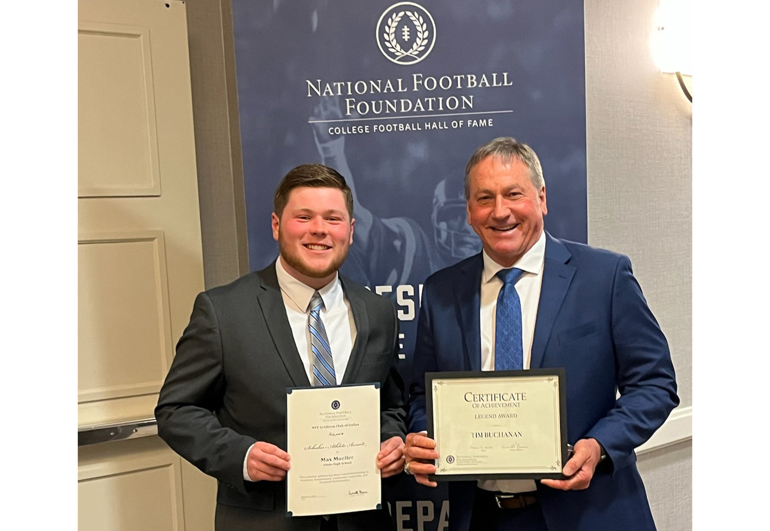 Max Moeller (left) was one of 51 scholar-athletes from North Texas to be honored at the Gridiron Club of Dallas' 14th annual banquet. Former AHS head football coach Tim Buchanan (right) received the organization’s Legend Award.