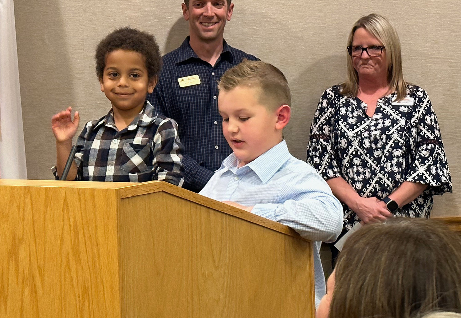 Third-grader Liam Scott spoke about the Big/Little Buddies program, and brought along his kindergarten buddy, Riley Johnson.